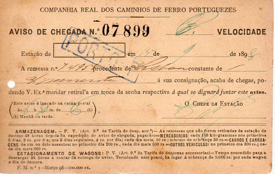 0472 v.jpg -     Lote:    472 (verso)            Correio Ferroviário       Descrição:         Carimbos ferroviários. 1896 &mdash; D. Carlos I Mouchon. OM23, 10 reis. Repicado pela Companhia Real dos Caminhos de Ferro Portugueses e circulado no Porto (16.09.98). Carimbo a azul de "PORTO-P".        IC       Valor Base:     &euro; 8,00     Valor Venda:     &euro; 8,00     